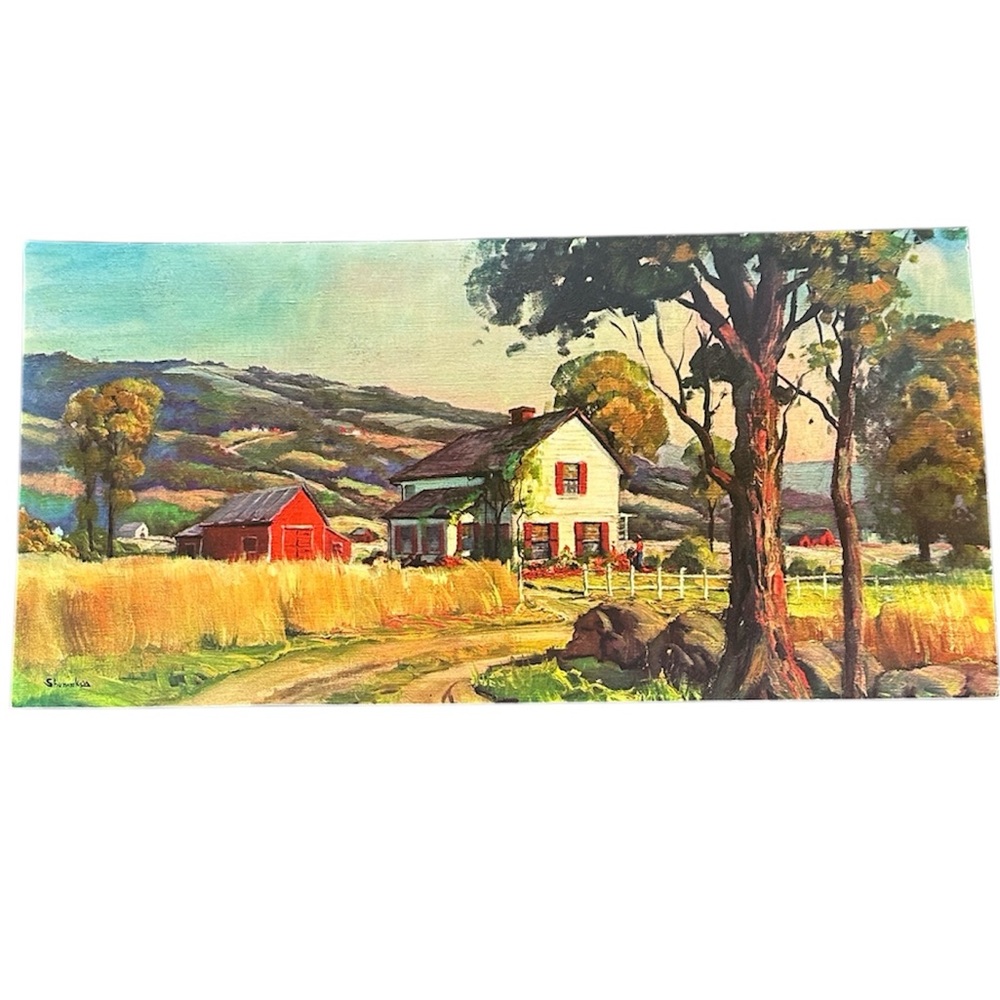 Vtg Peaceful Valley‎ by Shumaker 12X24 Lithograph USA Print Americana Homestead